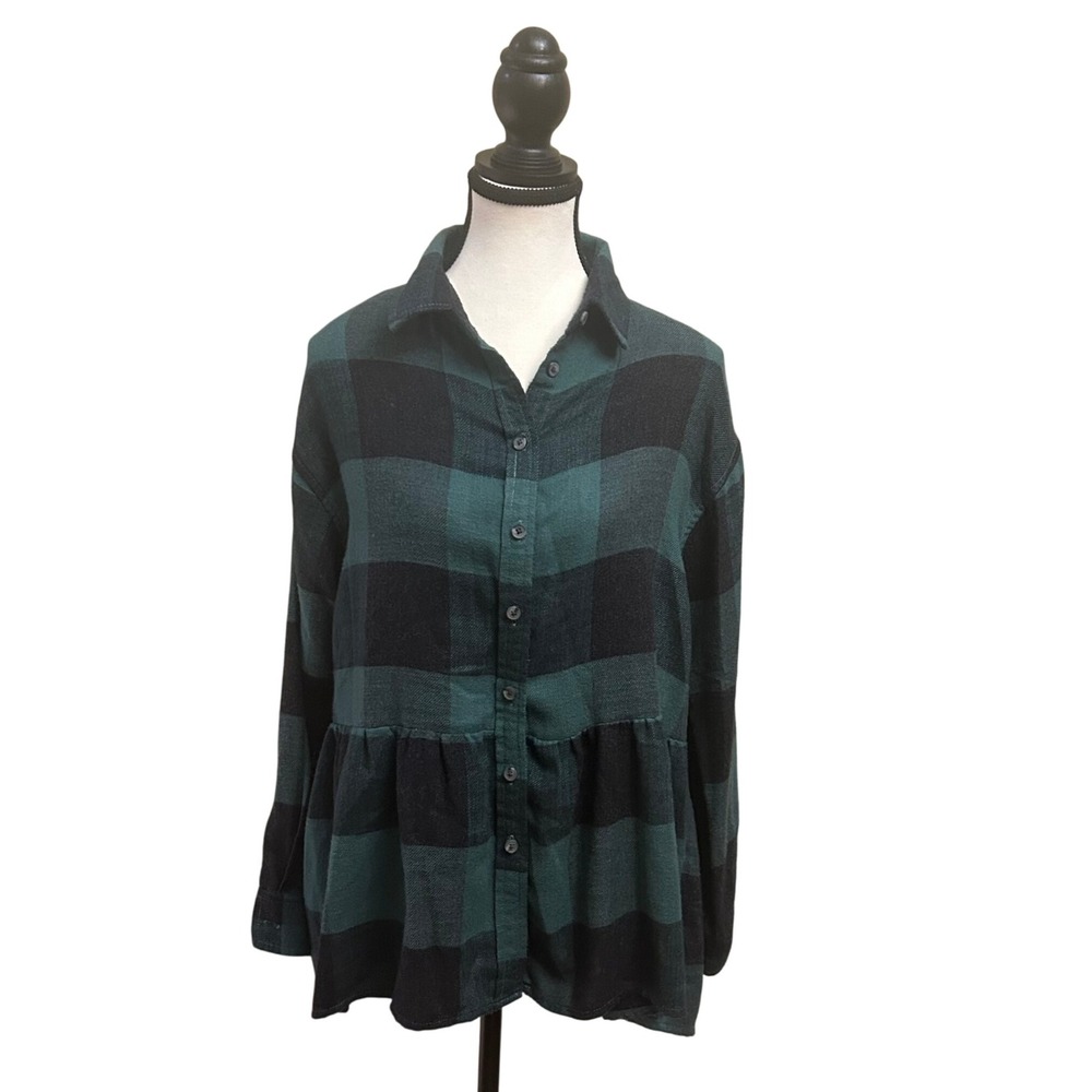 American Eagle Green Black Plaid Long Sleeve Peplum Flannel Shirt XXS